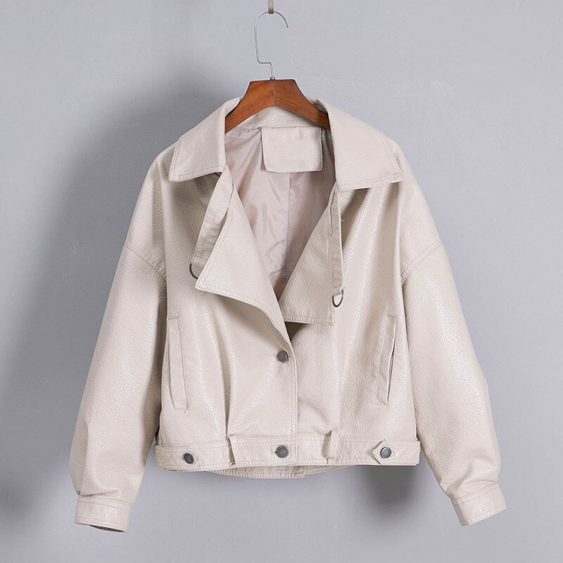 Imitatieleren jas dames omslagkraag casual pu leren jassen dames korte losse bikerjas bovenkleding