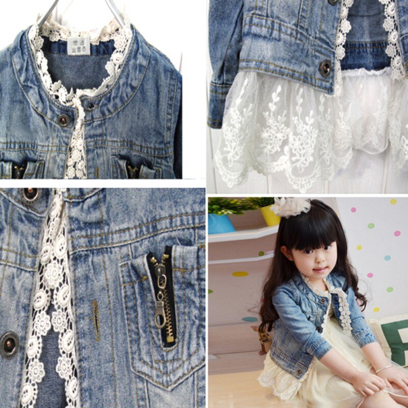 Kids Kant Denim Jas Lente Lace Cowboy Jacket Denim Top Button Jean Jas Lange Mouw Pak Suits Kinderkleding