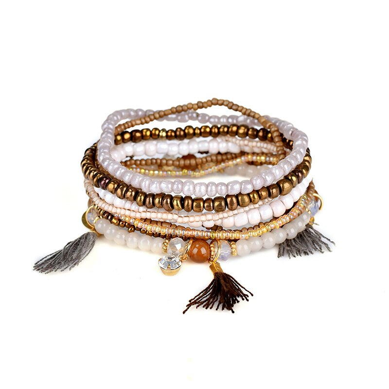 Ethnic Bohemian Tassel Beach Charm Bracelets For Women Boho Multilayer Beads Crystal Beaded Jewellery Bracelet Set Femme: Brown