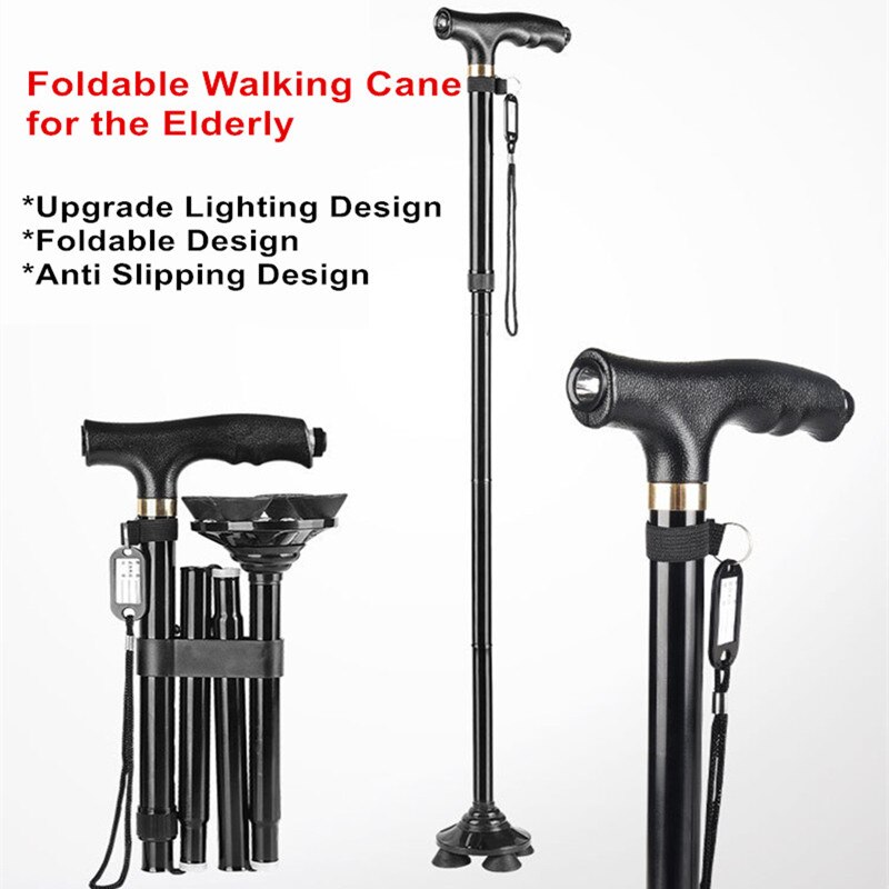 A bengala dobrável da caminhada da liga de alumínio conduziu a vara telescópica antiderrapante para idosos com altura ajustável da luz do diodo emissor de luz