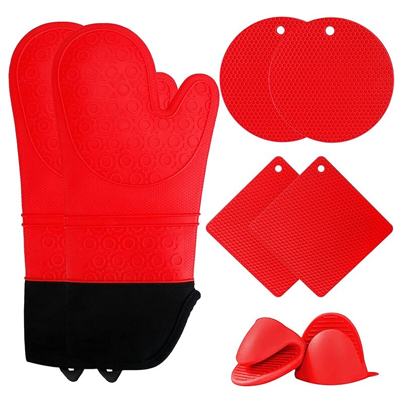 Siliconen Ovenwanten En Pads Set, jumeijia 8 Stuks Extra Lange Keuken Oven Siliconen Handschoenen Met Antislip Warmte: Red