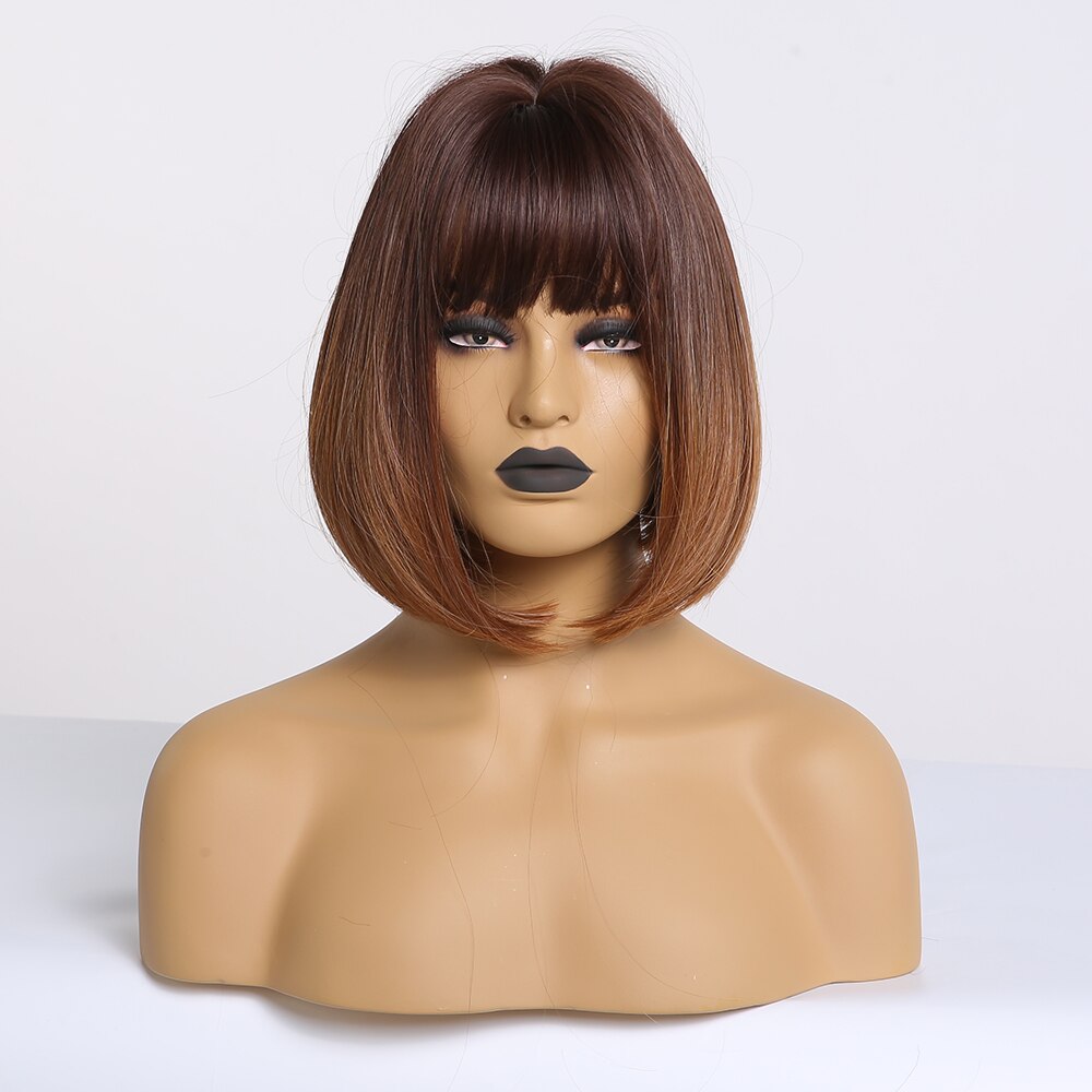 Alan Eaton Rechte Donkerbruin Blonde Ombre Synthetische Pruiken Met Pony Voor Vrouwen Korte Bob Pruik Hittebestendige Lolita Cosplay pruiken