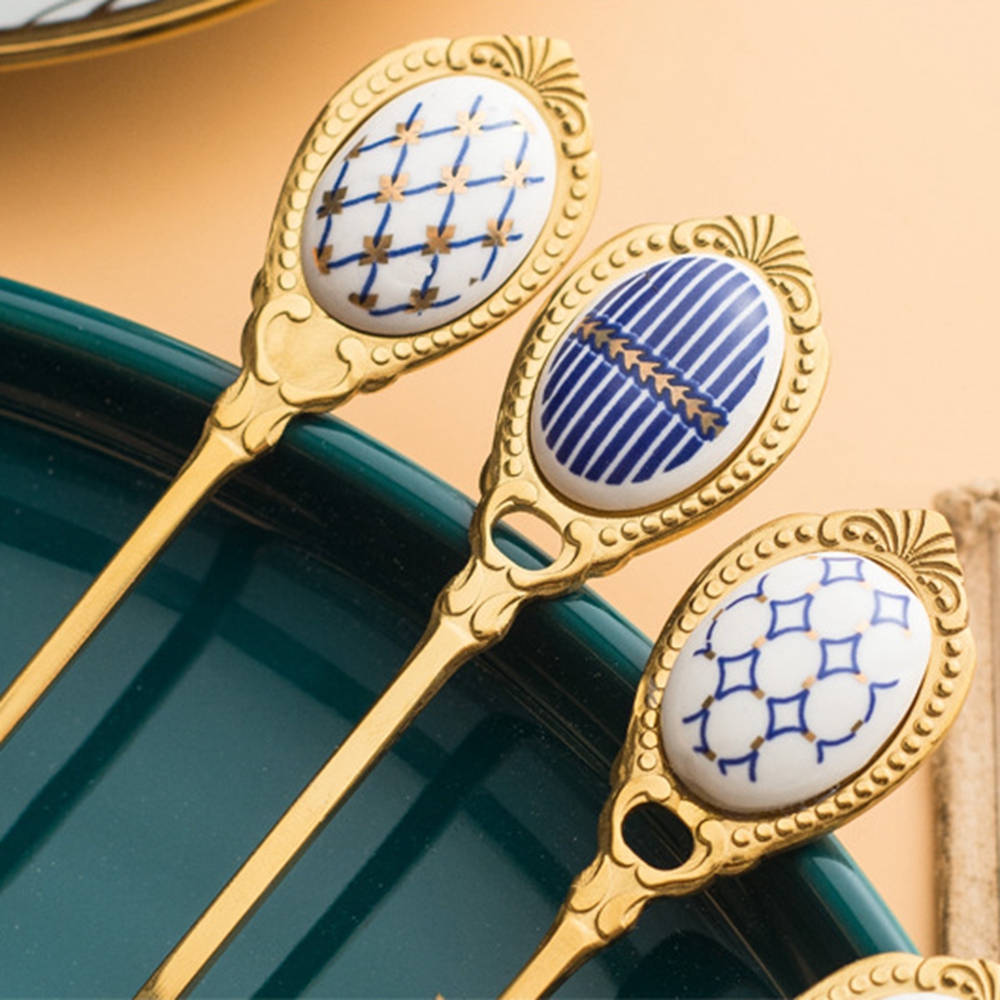 Stainless Steel Spoons Ceramic Handle Tea Coffee Scoop Vintage Gold Plating Dessert Spoon High Grade Cake Scoop Tool