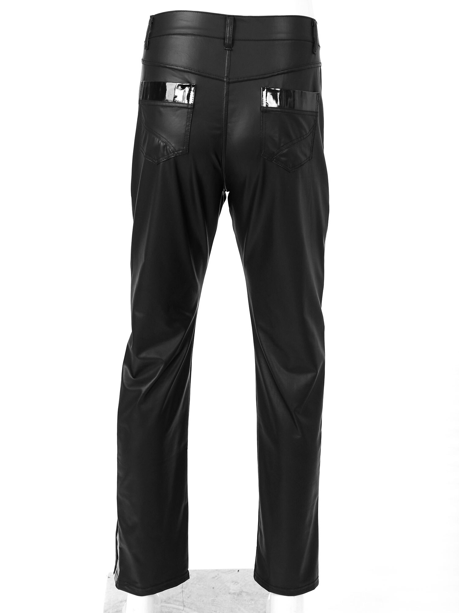 Men Black Long Pants Wet Look Faux Leather Patchwork Legging Pants Clubwear Motorcycle Mid Waist Trousers with Pockets