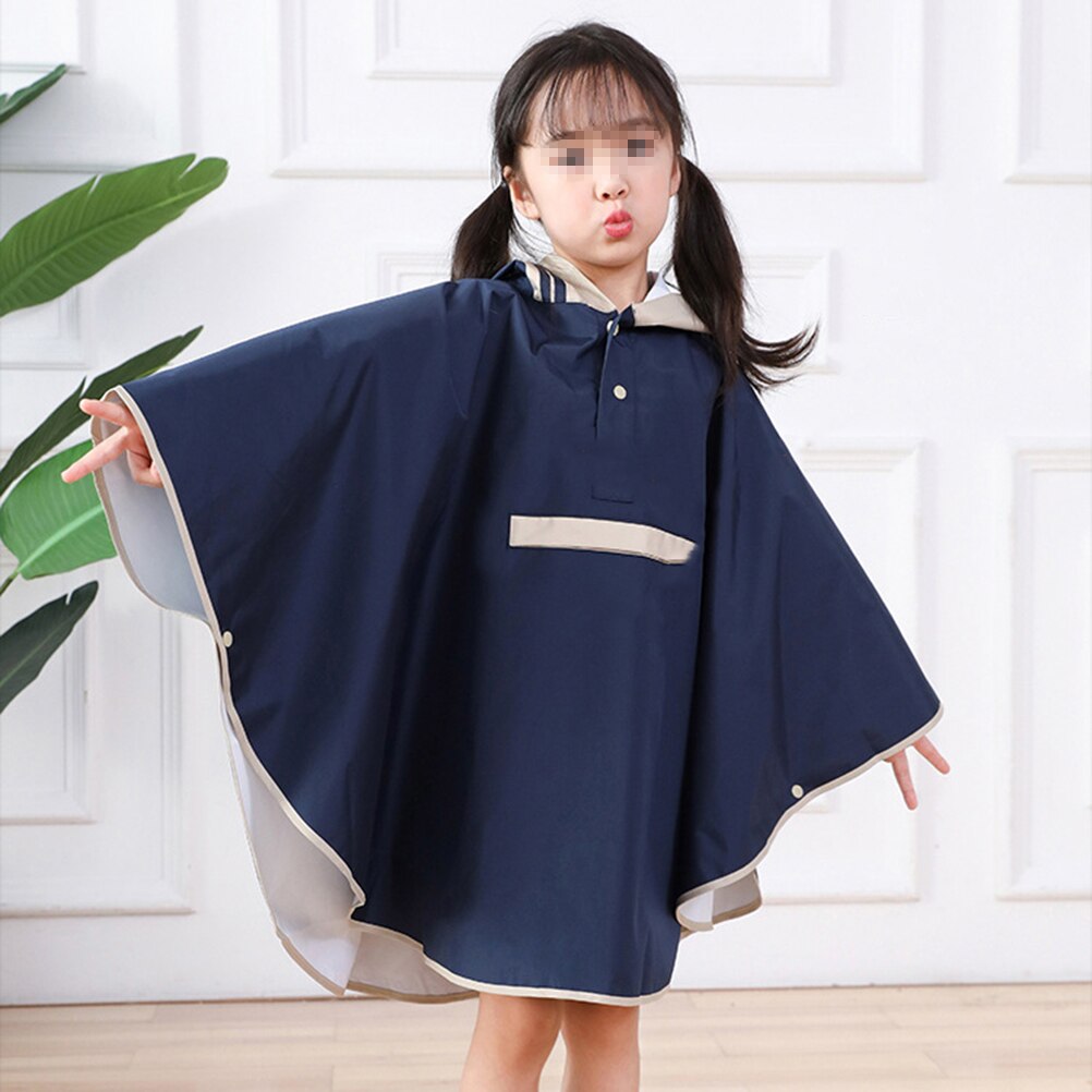 Kids Raincoat Poncho Waterproof Capes Rain Hooded One-Piece Rainwear (Navy Blue) - Size