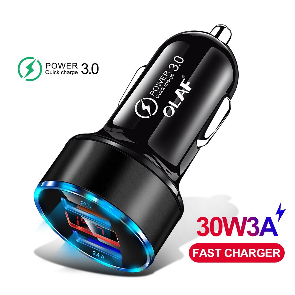 Olaf qc 3.0 usb carregador de carro para samsung a50 s9 carga rápida 3.0 30w 3a carga rápida carregador de carro 2 porta usb carregadores do telefone móvel: Black Car Charger