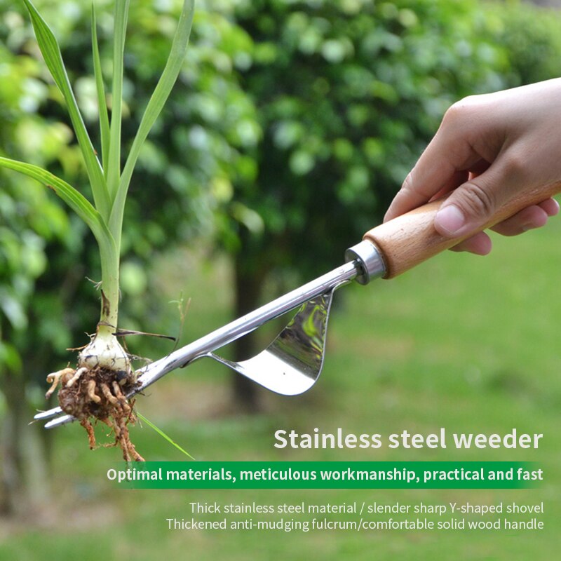 Wood Handle Stainless Steel Garden Weeder Hand Weeding Removal Cutter Dandelion Puller Tool Courtyard Lawn Weeding Handle Shovel