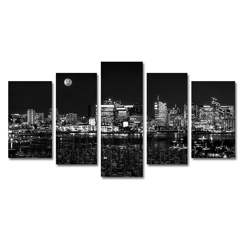 Quadros decoração moderna poster 5 peças, preto e branco, cidade noturna, pintura em tela, imagens de arte para parede, sala de estar: 30x60 30x80 30x100cm