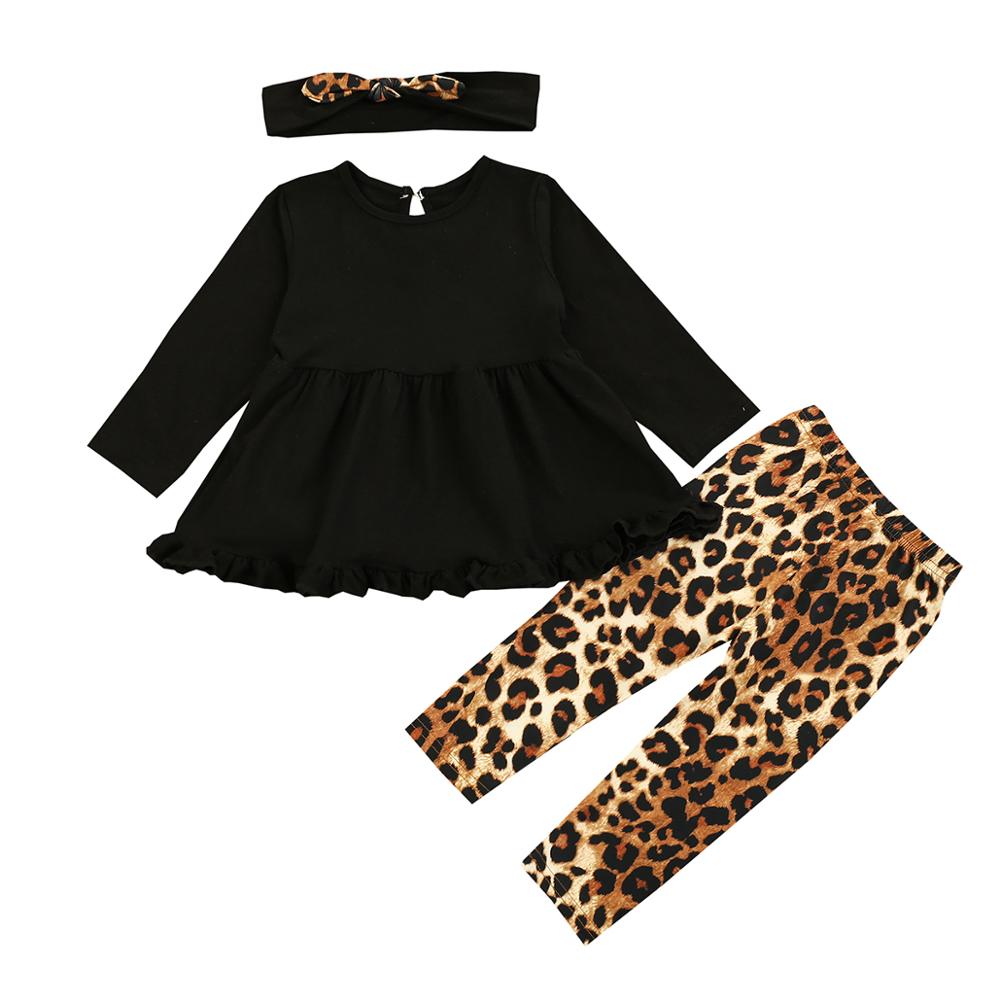 Infant Kids Baby Girl Long-sleeved Trousers Suit Solid Color Ruffles Shirt Leopard Elastic Long Pants and Headband 3pcs Set: Black / 4T