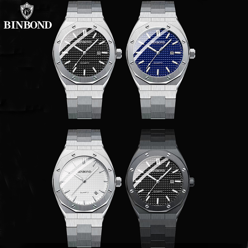 BINBOND montre pour hommes Top Royal décontracté hommes grand cadran argent acier inoxydable calendrier Quartz montre-bracelet classique lumineux B0233