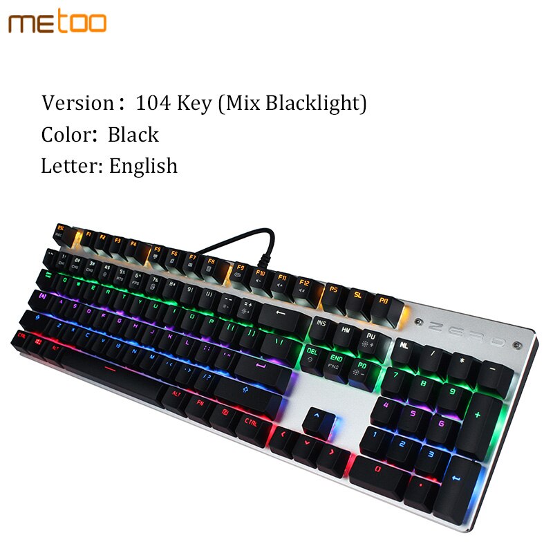 Metoo Mechanical Keyboard 87/104 Anti-ghosting Luminous Blue Black Switch Backlit wired Gaming Keyboard Russian/English/Spainsh: English 104 key / Red Switch