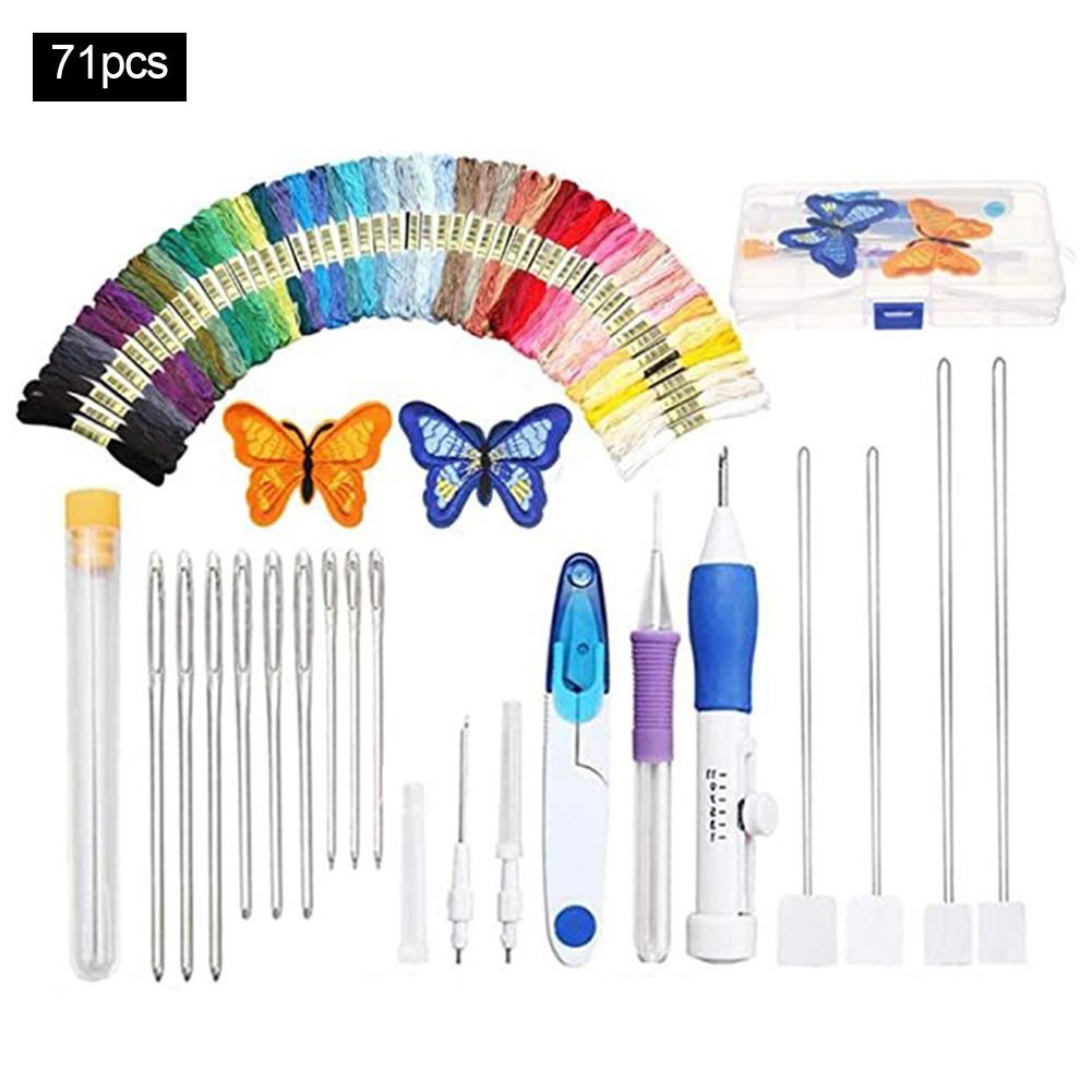Embroidery Starter Kit Full Set-Magic Embroidery Pen Punch Needle,Hoops,Threads,Stitching Punch Pen Set Craft Tool for Beginner: E