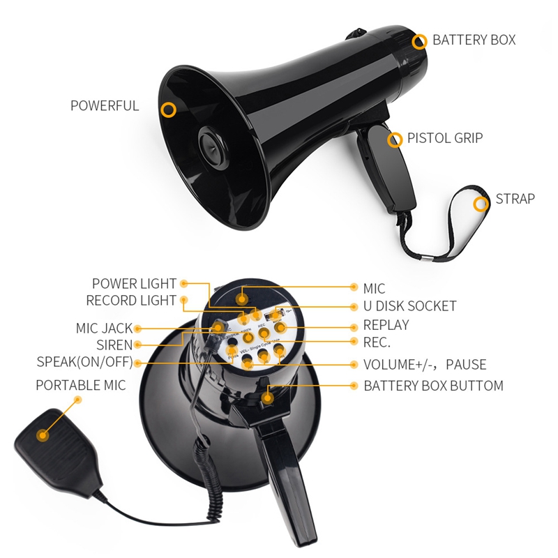 Power Portable 35W Bullhorn Megaphone Speaker with Built-in Siren USB Flash Drive 240S Recording Black