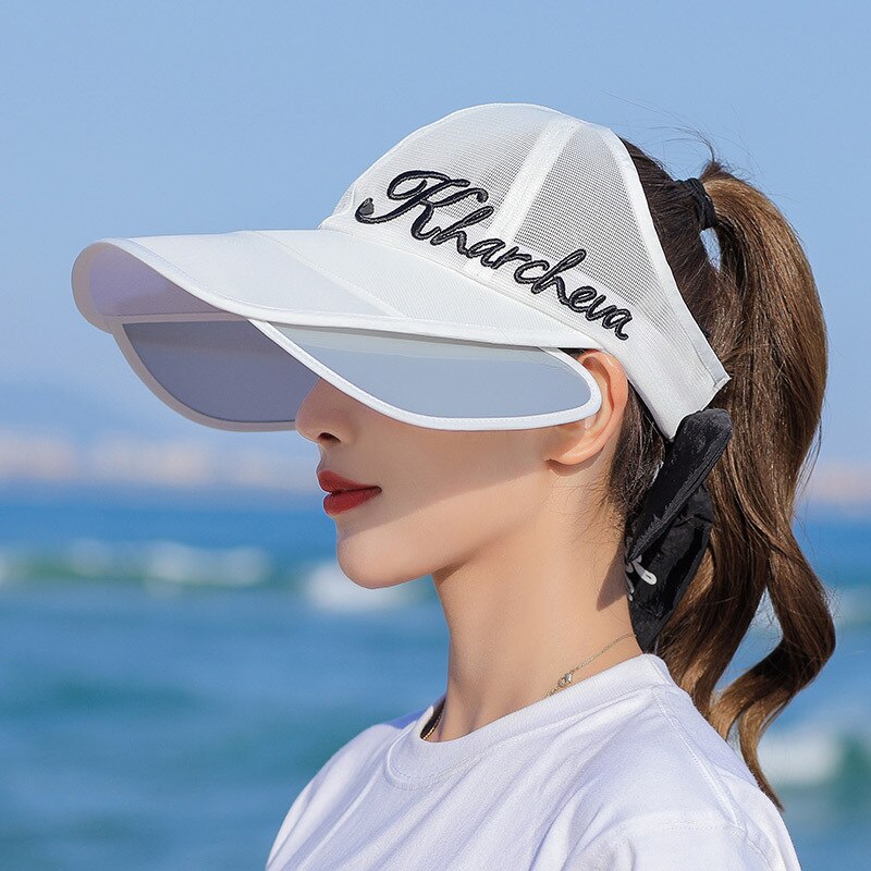 Hat Female Pull Board Sun Hat Sun-Proof Face Cover UV Protection Korean Wide Brim Cycling Sun Topless Hat Summer: White