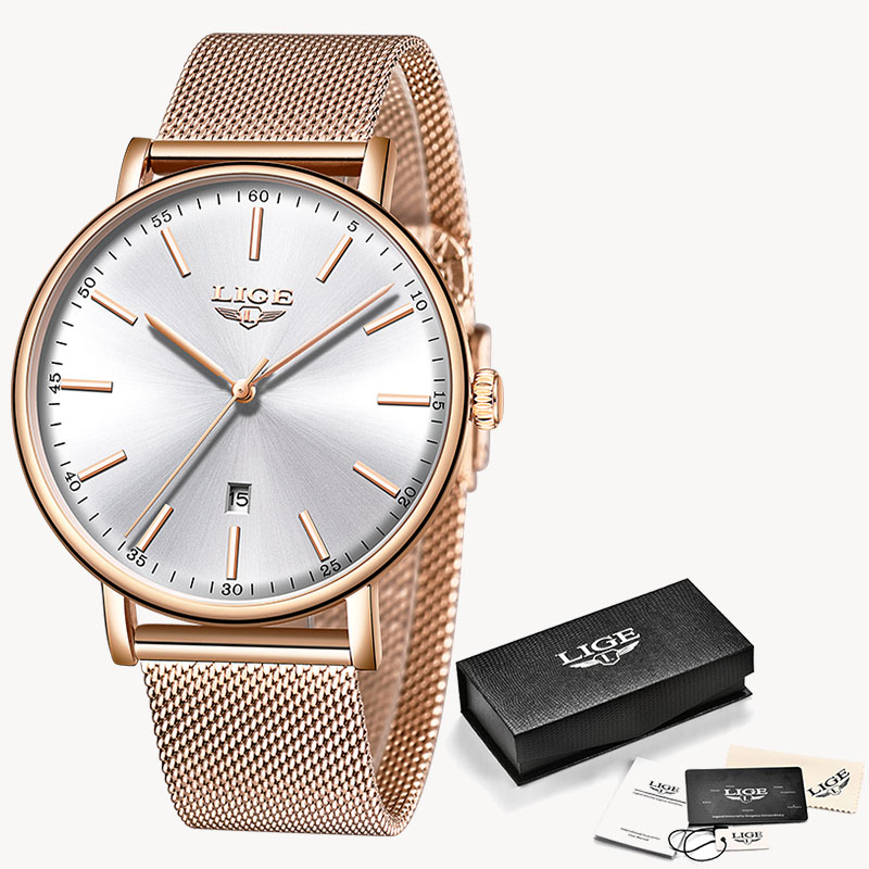 LUIK Vrouwen Horloges Rvs Mesh Riem Horloge Eenvoudige 8mm Ultra-dunne Quartz Klok Horloges Voor vrouwen + Box: Rose gold white