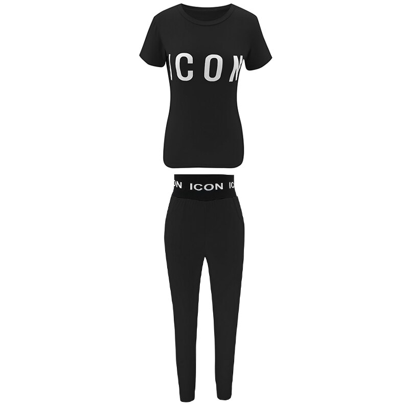 Letter Print Women Sports Tracksuit Short Sleeve Crew Neck T-Shirts Elastic High Waist Pants 2Piece Set Casual Sweatsuit