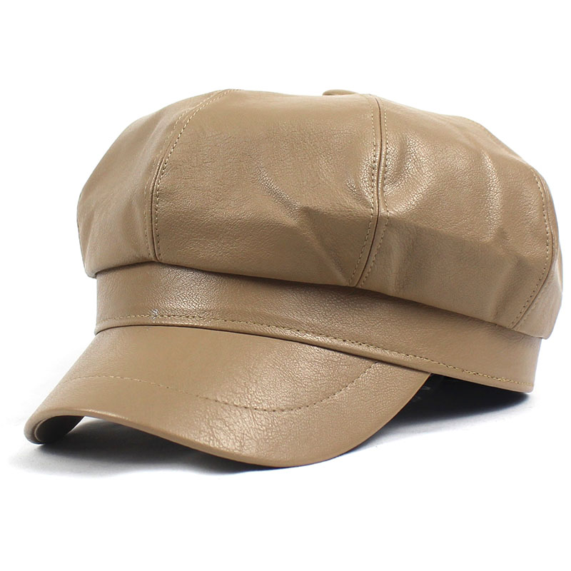 Lanxxy Autumn Winter Newsboy Caps for Women Vintage Solid Leather Beret Cap Casquette Hats Female: khaki