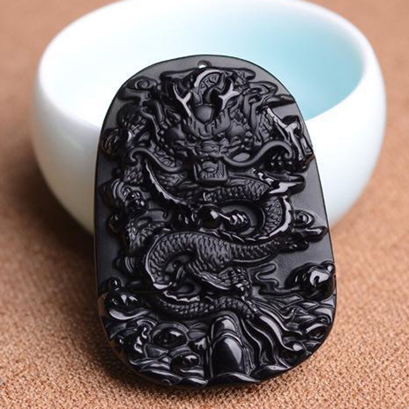 Yu Xin Yuan Mooie Chinese Handwerk Natuurlijke Jade Zwart Obsidiaan Gesneden Dragon Amulet Lucky Hanger Ketting Mode-sieraden