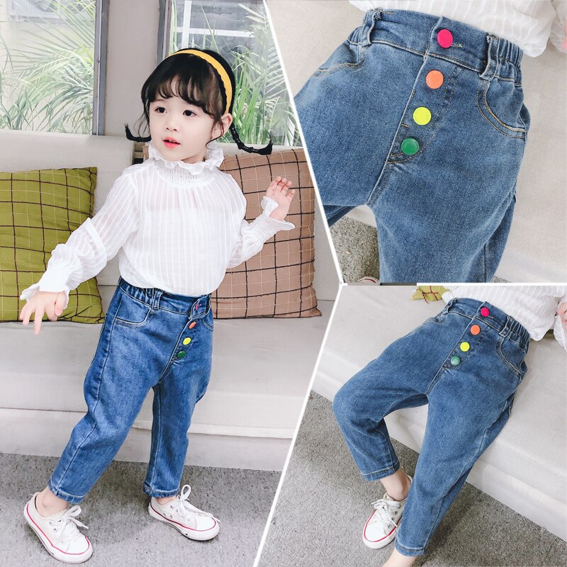 Ins Baby Meisjes Jeans 1-7 Jaar Oud Katoen Gewassen Jeans Voor Baby Meisje Wilde Leisure Jeans Voor baby Meisje Kleur Knoppen