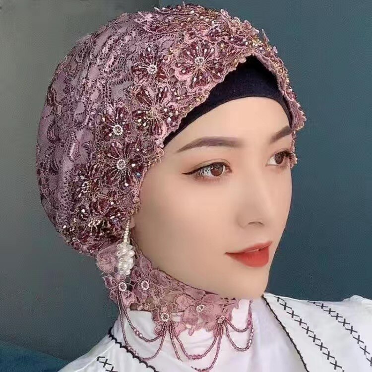 Boutique Handwork Muslim Bride Lace Wedding Party Hijabs Caps 2pcs/set: A