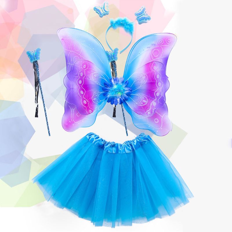 4Pcs Meisjes Fee Kostuum Set Regenboog Vlinder Drie Lagen Tule Tutu Rok Wand Hoofdband Prinses Halloween Party 3-8T