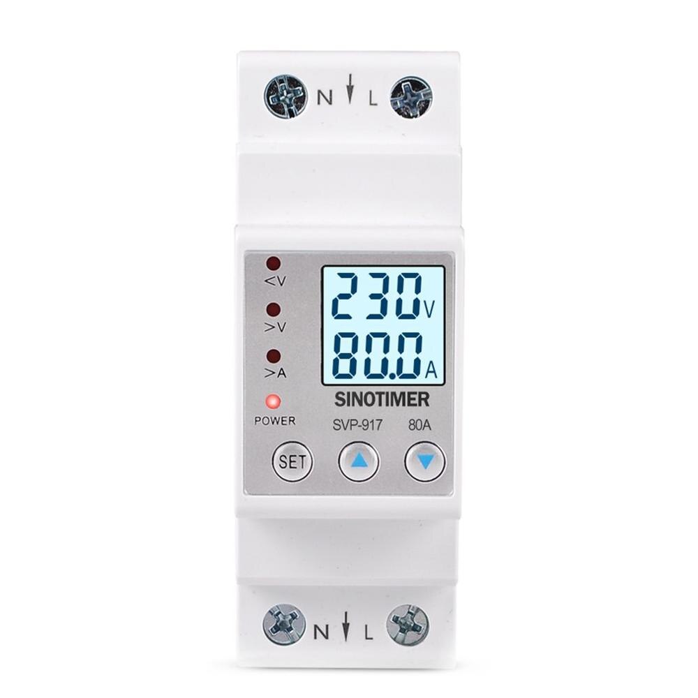 SINOTIMER 63A 80A Din Rail Adjustable Over Under Voltage Protective Device Current Limit Protection Voltmeter Ammeter Kwh