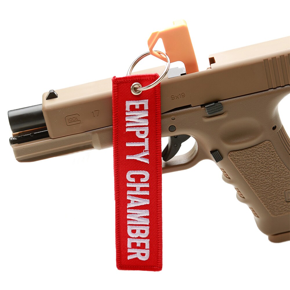 6 Pack Red Empty Chamber Keychain Double Sided Letter Embroidered Key Fobs Hook and Loop Key Chain Aviation Tag