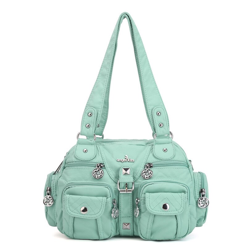 Bolso de mano de piel sintética con gran capacidad para mujer, bolso bandolera con dos compartimentos y muchos bolsillos, Angel Kiss: Queen Green