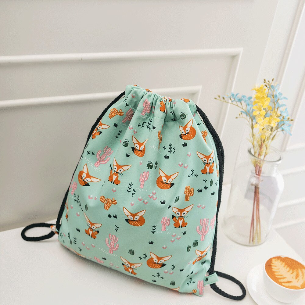 Dames kleine canvas rugzak met trekkoord, waterdichte schouderband, tassen voor meisjes, witte beer, blauwe polyester rugzak met koord: Groene vos