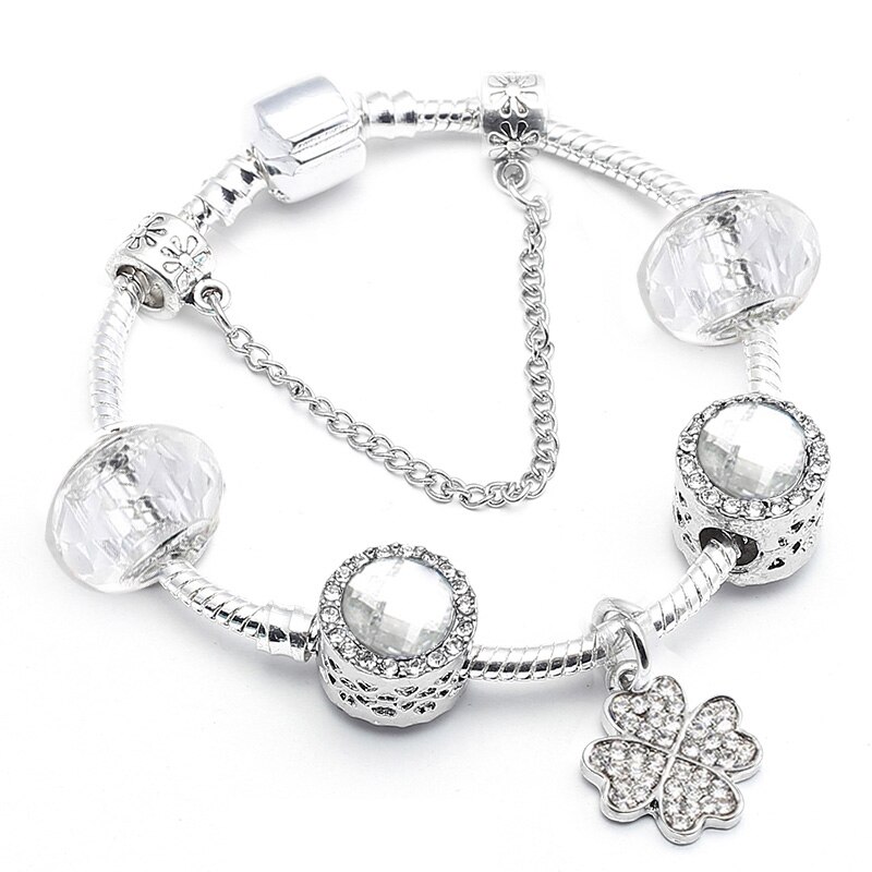 White Crystal Flower Dangles Charm Bracelet Plant Beads Brand Bracelet For Women Couple Anniversary Jewelry: Blue / 16cm