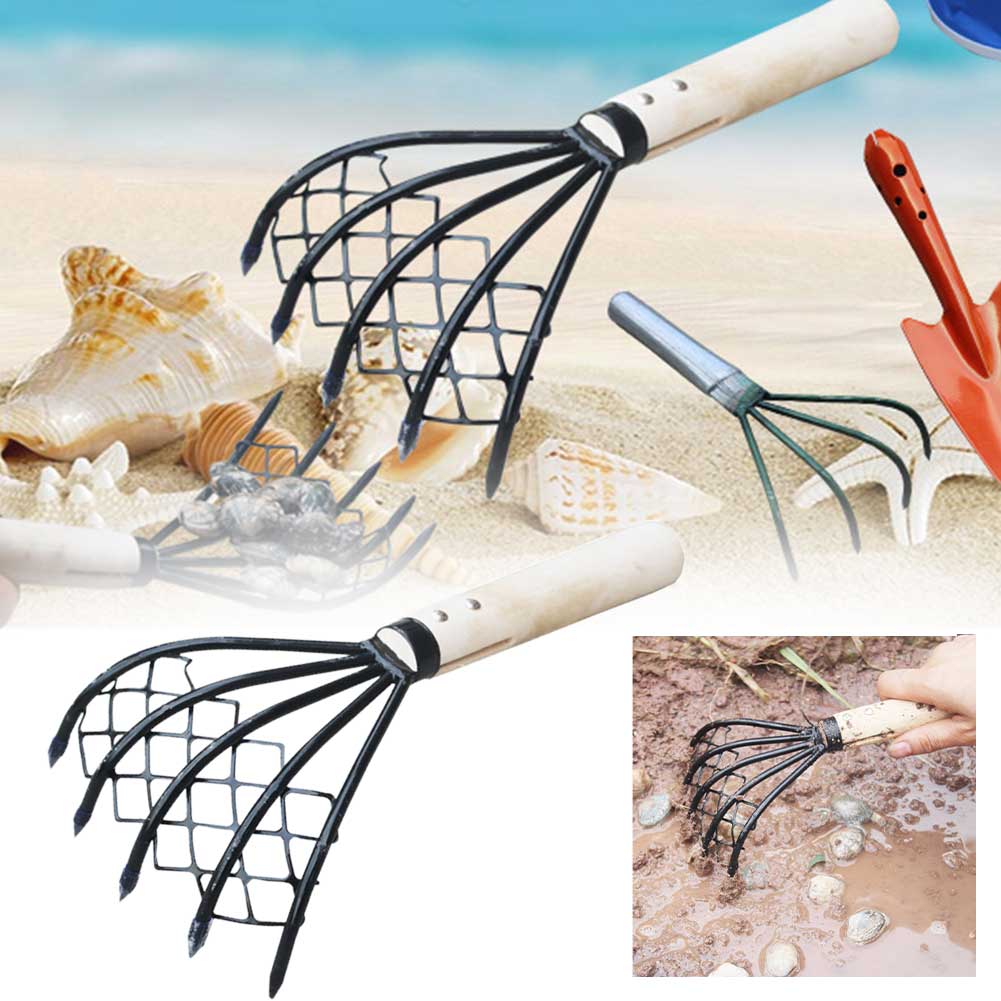 Rastrillo de almeja con mango de madera y concha de playa, accesorio útil para el jardín, 5 pinzas
