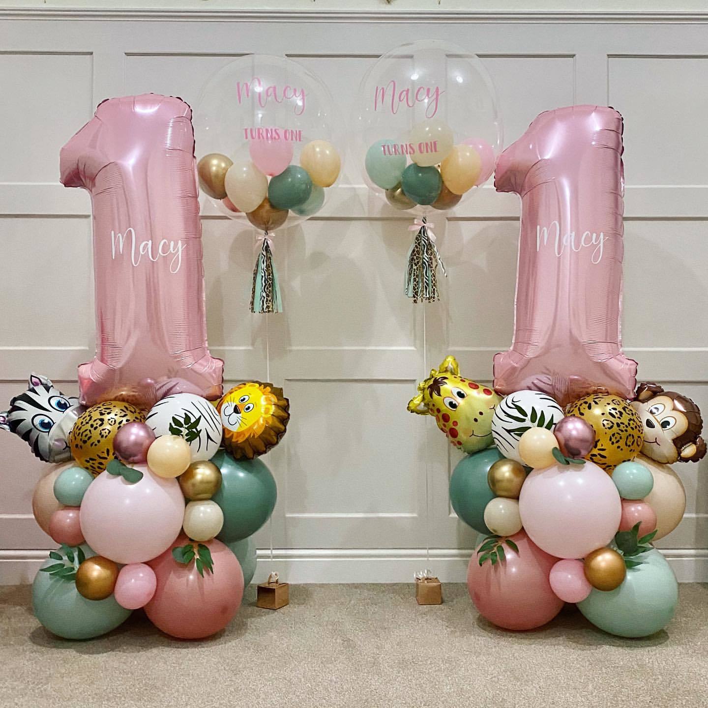 31 pezzi di cartone animale selvatico torre di palloncini da 32 pollici rosa numero palloncino Foglio per decorazioni per feste di compleanno a tema selvaggio uno da ragazza