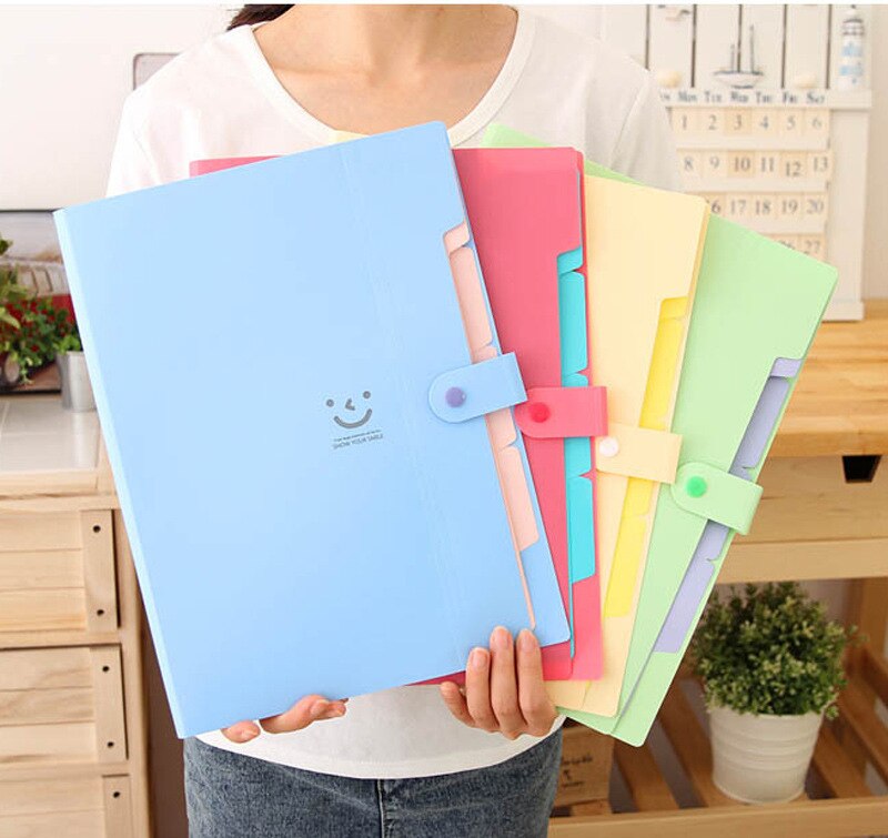 Cute Smile 5 Pocket File Folders High Capacity Plastic Envelope Folder Paper ClipPaper Receiver storage organ bag