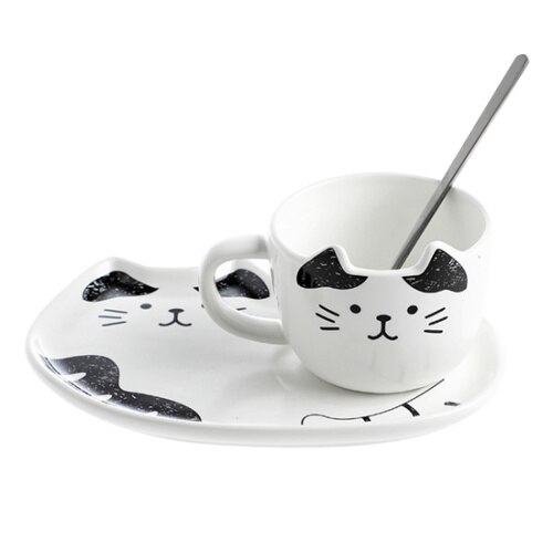 Cute Cat Ceramics Coffee Mug Set Handgrip Animal Mugs With Tray Drinkware Coffee Tea Cups Novelty Milk Cup Breakfast: BLACK