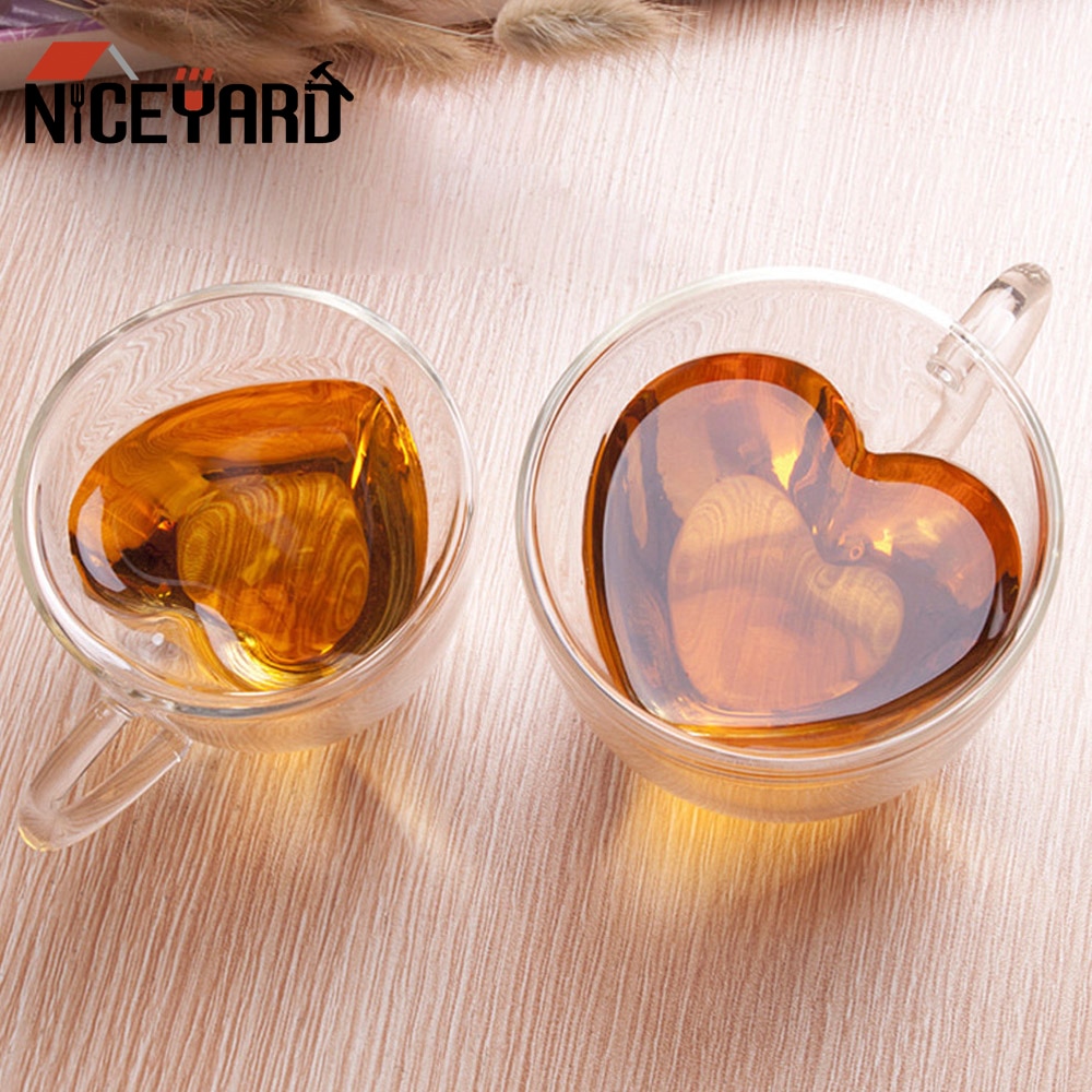 Naczynia robić picia, odporny na ciepło, podwójna ściana szklany kubek serce w kształcie serca herbaty kufel robić piwa kubek robić soku filiżanki robić kawy kubek na prezent 180ml/240ml