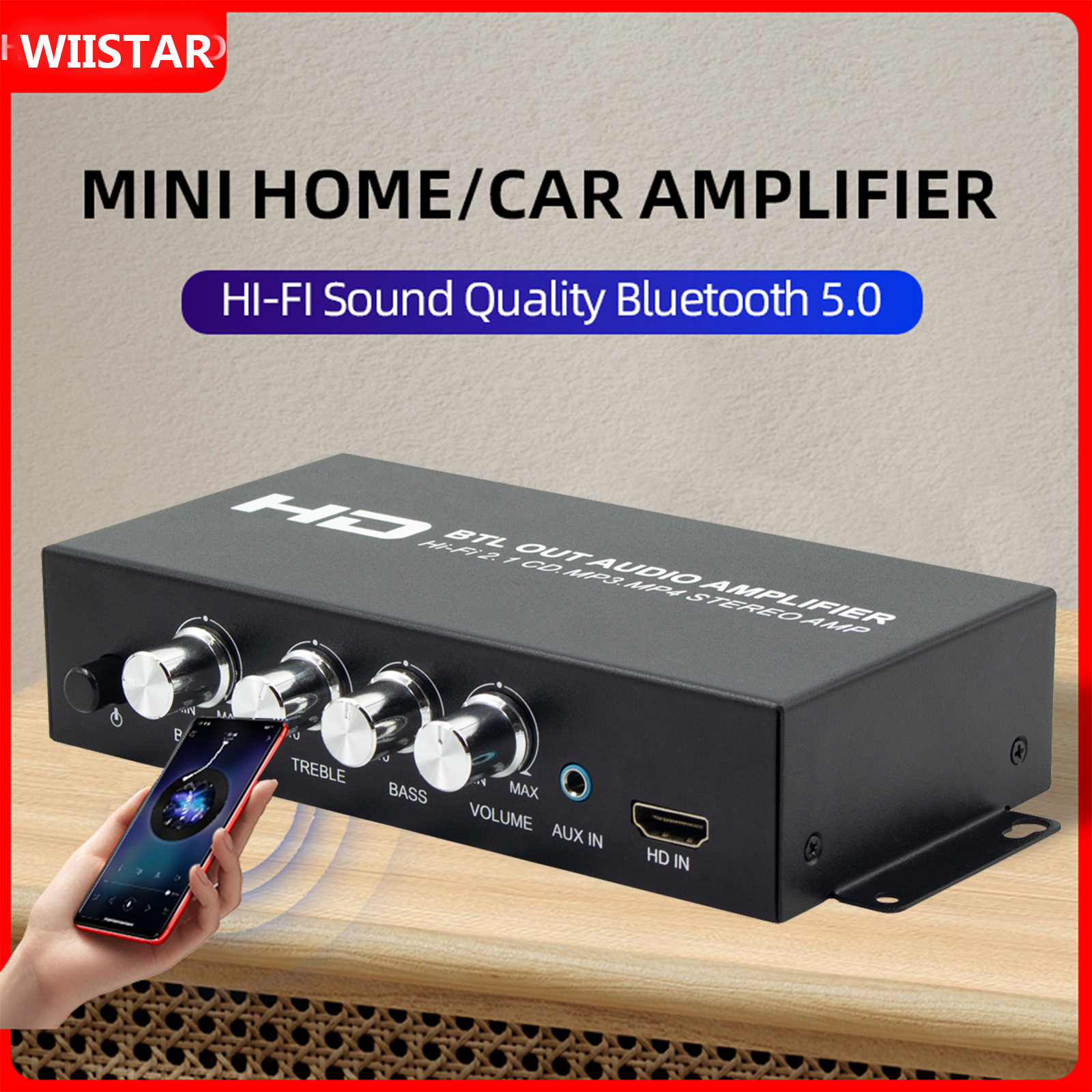 ST-838 HiFi 2.1-kanałowy wzmacniacz mocy kompatybilny z Bluetooth 5.0, 20Wx2 wzmacniacz subwoofera wzmacniacz dźwięku regulacja tonów niskich i wysokich