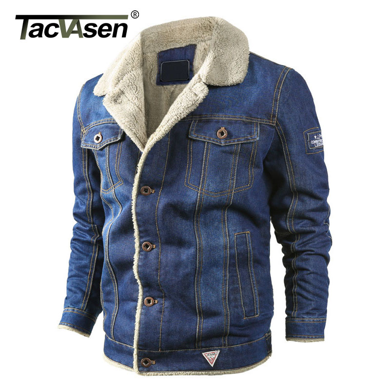 Tacvasen jakker herre vinter sherpa fleece foret jeans jakke vindtæt demin trucker jakke motorcykel cowboy frakke 6xl