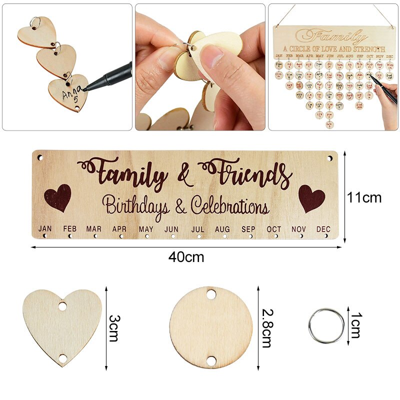 Calendario de madera DIY para cumpleaños, tablero de calendario para días especiales, recordatorio de cumpleaños para amigos y familia, decoración colgante