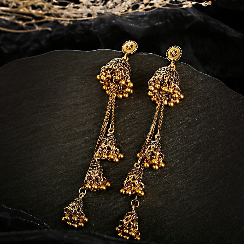 Retro Bollywood Oxidized Women Jhumka Indian Earrings Femmes Ethnic Gold Silver Color Afghan Bell Long Tassel Earrings