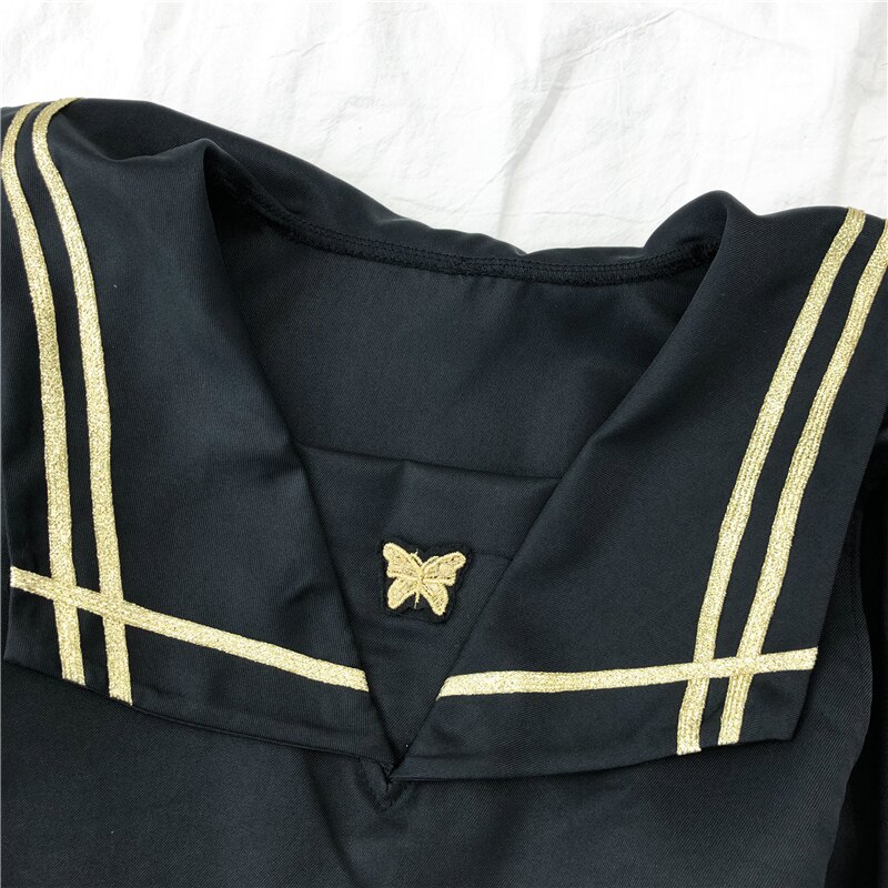 Japanese retro dark black navy collar college style long-sleeved dress female student JK sailor suit mid-length skirt
