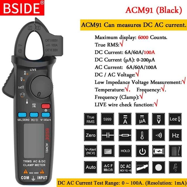 BSIDE True RMS Clamp Meter 1mA Plier Ammeter Car repair Digital Multimeter DC AC Current Volt Temp Capacitor Tester: ACM91-BLACK