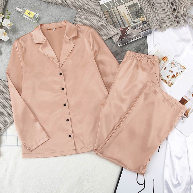 HECHAN Black Sleepwear Female Satin 2 Piece Set Solid Women Pajamas Loose Pants Casual Home Suit Sets Nightwear Winter Pocket: Champagne / S