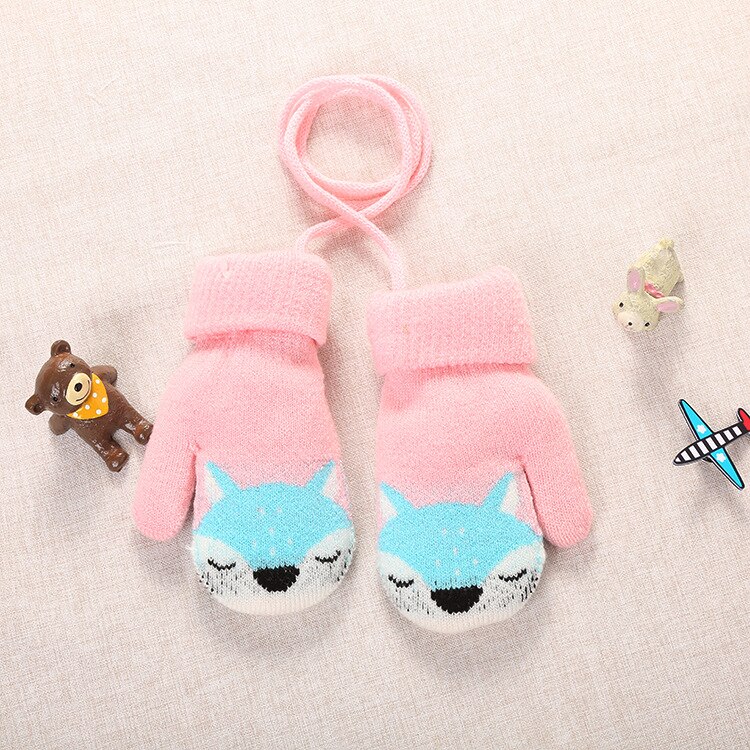 0-3 Y mignon dessin animé renard bébé gants hiver tricoté laine nourrissons moufles Thicke pleine corde gants pour garçons filles tout-petits: pink