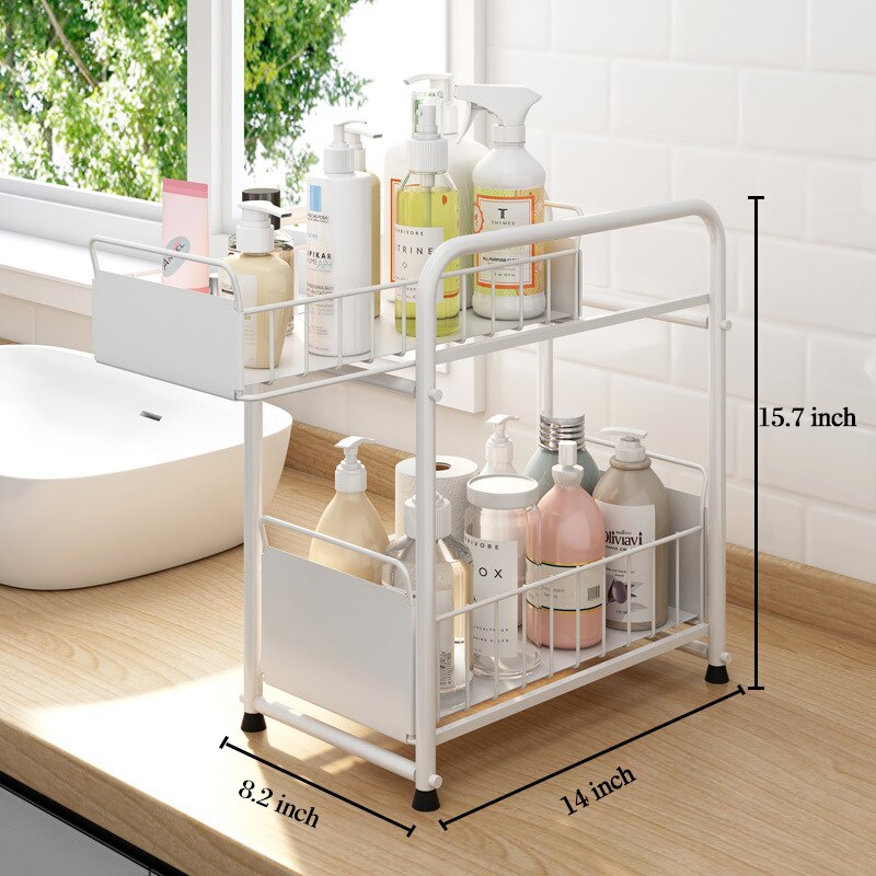 2-Tier Under Sink Cabinet Organizer with Sliding Storage Drawer Desktop Organizer for Kitchen Bathroom Countertop Rack Supplies
