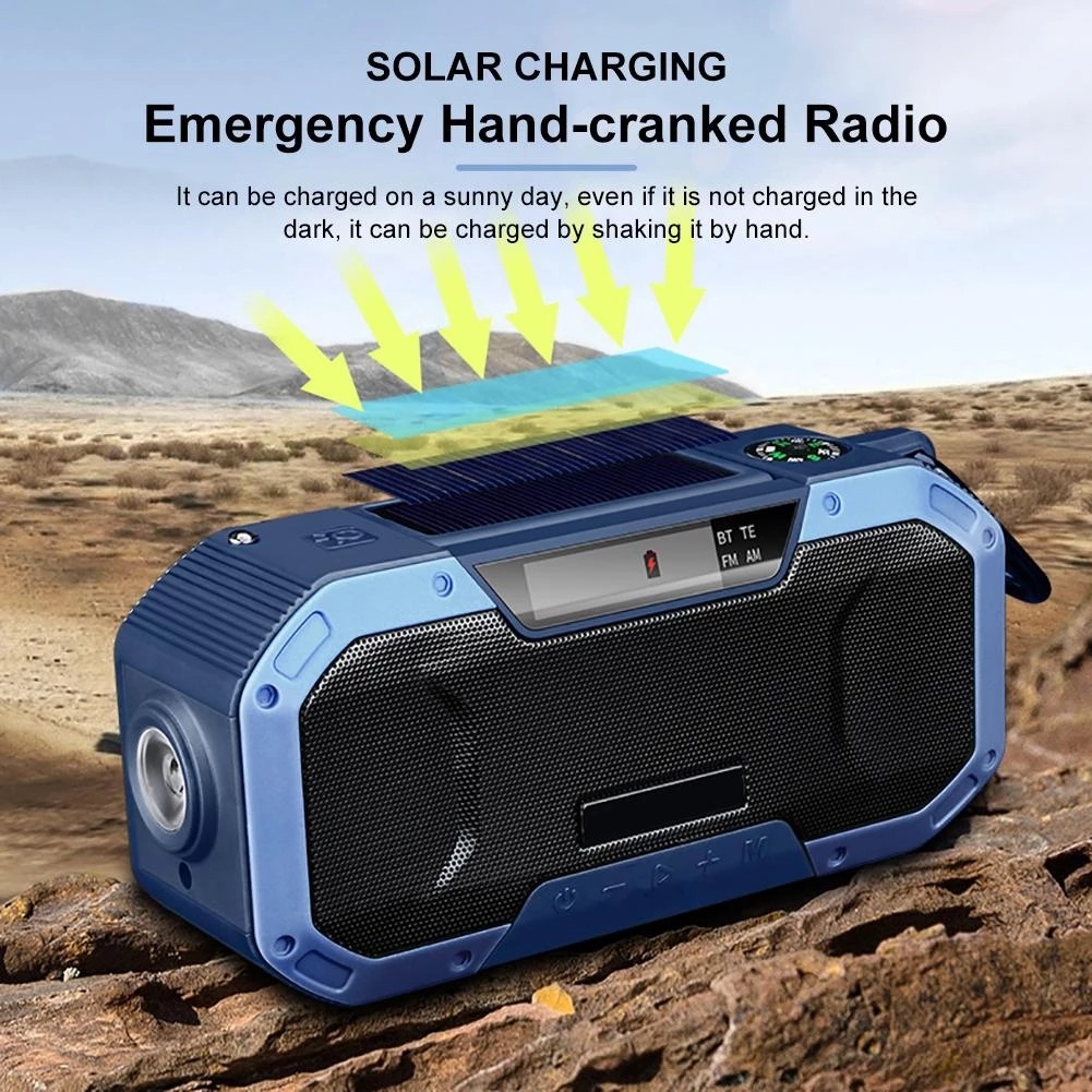Portable Bluetooth Speaker Hand Crank Solar Radio AM/FM Emergency Radio LED Power Display Flashlight IPX5 Waterproof Power Bank