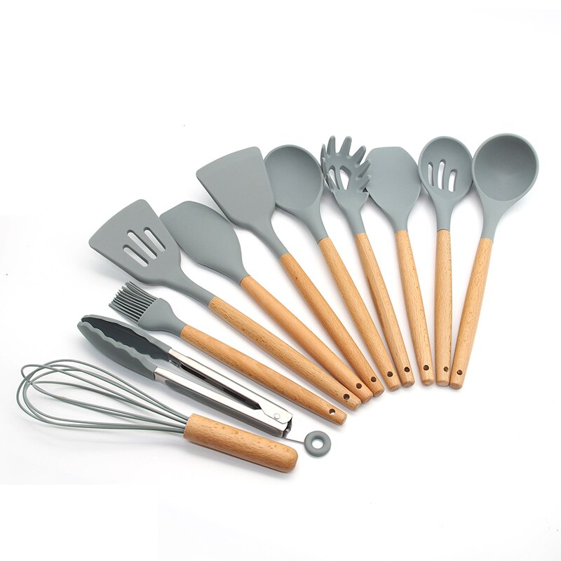 Silicone Cooking Utensils Kitchen Utensil Set Non-stick Heat Resistant Silicone,Cookware with Wooden Handle: 11 Pcs