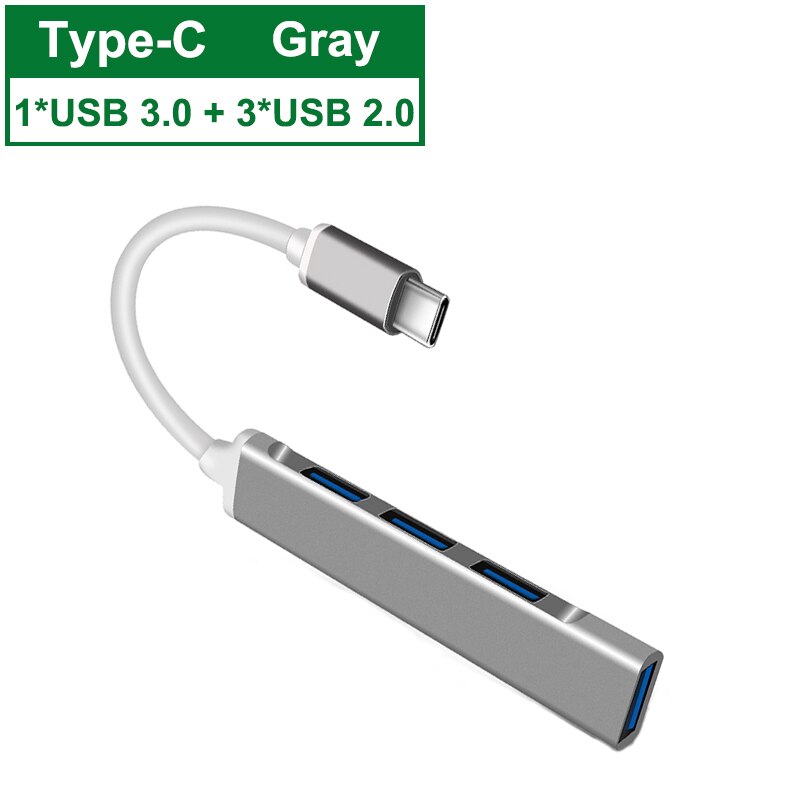 Hub USB 4 Ports USB 3.0 Type C Hub Multi Adaptateur Répartiteur Haute Vitesse jusqu'à 5 Gbit/S Pour PC Ordinateur Accessoires USB 3.0 2.0 Ports: Type C Gray