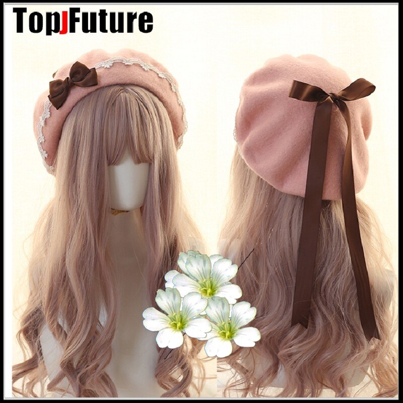 Japanse Meisje Kawaii Baret Hoed Lolita Tiener Hart Zoete Wollen Handgemaakte Leuke Lace Strik Warm Winter Schilder Hoed Hoofdtooi: pink1