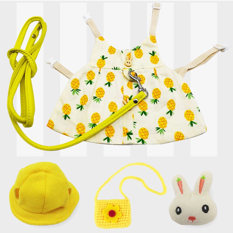 Konijn Jurk Kleine Dier Harnas Vest En Riem Met Mini Hoed Tas En Konijn Broche Escape-Proof Huisdier Bunny kleding Accessoires: pineapple Set / S