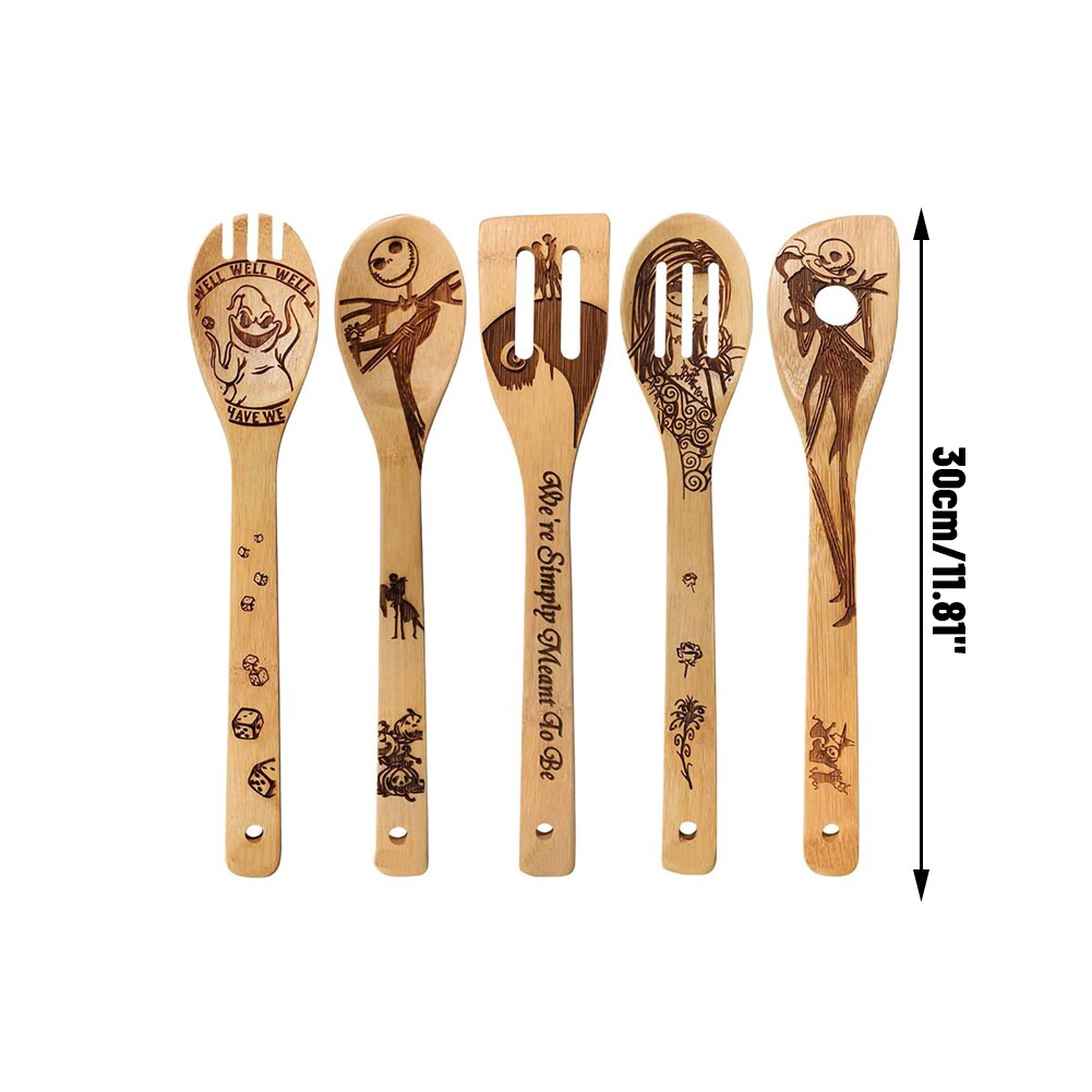 5 uds Halloween madera de bambú palas Wok ranurada espátula cuchara para mezclar de utensilios de cocina la cena cocina palas suministros